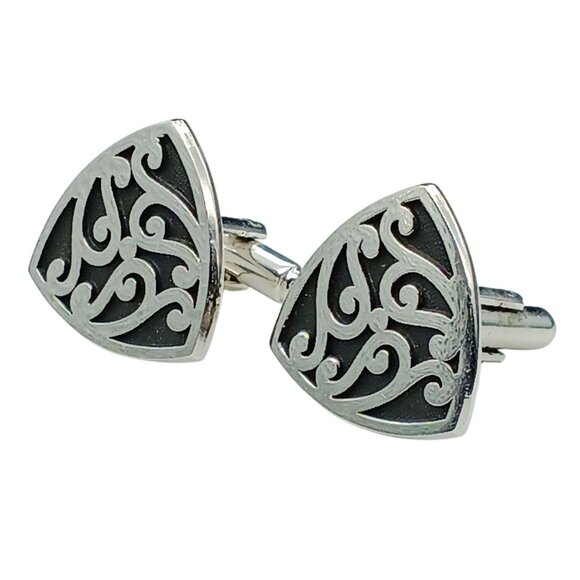 Vintage Triangular Cufflinks with Intricate Filigree Design Silver Tone and Blac - Picture 1 of 2